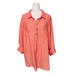 Sigrid Olsen Coral 100% Linen Split Hem Roll Sleeve Peasant Blouse 1X 16-18
